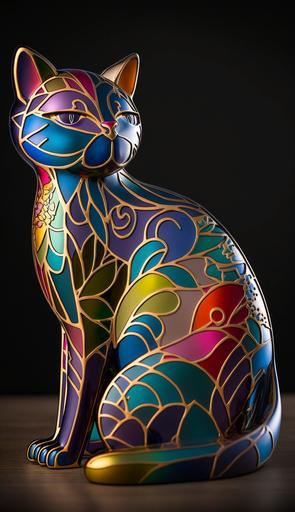 Product Photo of A large stained glass cat figurine designed by Laurel Burch and Tiffany and James Jean --ar 4:7 --v 4