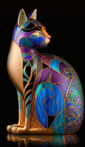 Product Photo of A large stained glass cat figurine designed by Laurel Burch and Tiffany and James Jean --ar 4:7 --v 4
