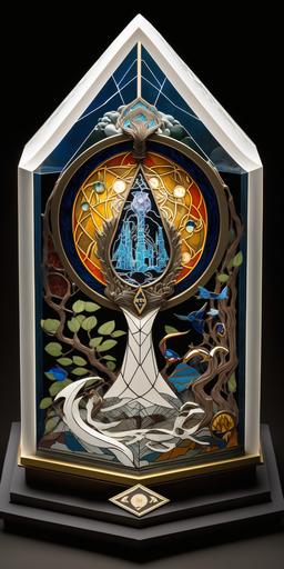 Product Photo of A stained glass diorama designed by Paul Laffoley and Tiffany and James Jean --ar 1:2 --v 4
