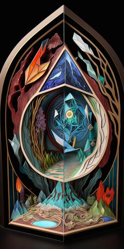 Product Photo of A stained glass diorama designed by Paul Laffoley and Tiffany and James Jean --ar 1:2 --v 4