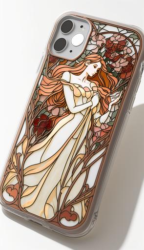 Product Photo of a stained glass iphone case designed by Tiffany and James Jean and Alphonse Mucha --ar 4:7 --v 4