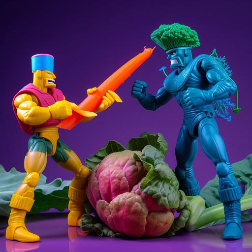 Product Photography of 1990s action figures known as Salad Warriors. --v 5