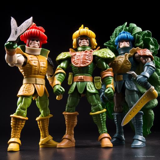 Product Photography of 1990s action figures known as Salad Warriors. --v 5