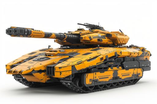 Product design, Sand Yellow color body space battle tank, railgun,front view image, V-ray renderer,nothing drawn except vehicle, blank white background, careful and delicate line drawing, flat coloring, 8K --ar 3:2 --style raw --stylize 250 --v 6.0