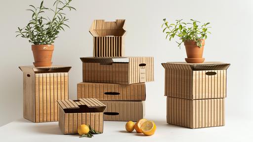 Product marketing for boxes made of recycled corrugated pilaf. --ar 16:9