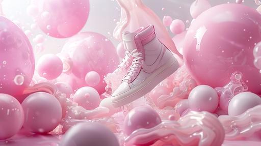 Product photography, Shoes, Sphere, balloon, White background, Dreamy pale pink shades, Natural light, Global light, Sony camera, Product modeling, real, Super lifelike, Illusory engine, High detail, UHD, high details, best quality, 16k --aspect 16:9