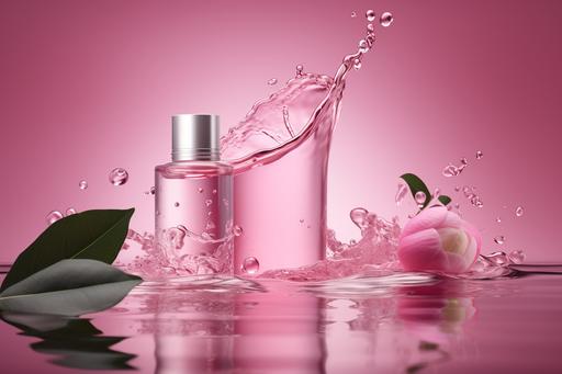 Product photography, a bottle of pink cream skin care products suspended in the air, light and airy. The floating plants behind perfectly set the theme, clear water ripples, clean pink background official product photos, advertising images, professional lighting, high dynamic capture, very dynamic picture, HD details 4K, clean and simple picture, CANON 5D MARK IV, --ar 3:2 --q 2 --v 5