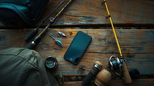 Product photography, close up, overhead view of mobile phone lying flat on rustic wooden table, one fishing pole and fishing lures nearby, warm natural lighting --ar 16:9 --v 6.0