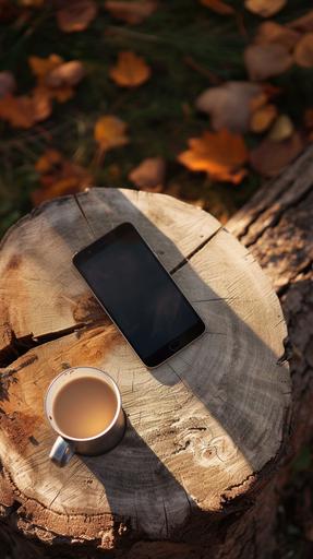Product photography, close up, overhead view of mobile phone lying on tree stump used as table, cup of coffee in vintage tin coffee cup nearby, warm natural lighting, vintage lens, golden hour, [film director style]Rob Marshall --ar 9:16 --v 6.0 --style raw --s 50