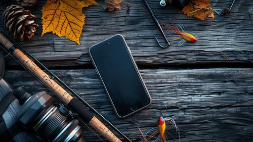 Product photography, close up, overhead view of mobile phone lying flat on rustic wooden table, one fishing pole and fly fishing lures nearby, warm natural lighting --ar 16:9 --v 6.0