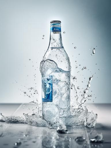 Product photography, mineral water ad, super wide angle, on a white table background, glass bottle drink on the table, ice cubes explode, water ripples, snow, small part of tea leaves around, bright, ultra realistic details, blue white clean Cool, minimalist HD 4k --ar 3:4 --q 2 --s 750 --v 5