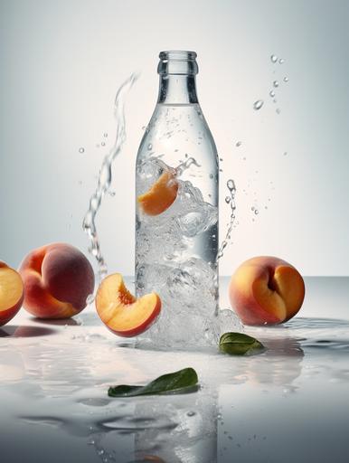 Product photography, mineral water advert, super wide angle, glass bottle drink on table against white table background, ice cubes exploding, water ripples, small portion of tea leaves around, small pink peaches, bright, hyper realistic detail, blue white clean cool minimalist hd 4k --ar 3:4 --q 2 --s 750 --v 5