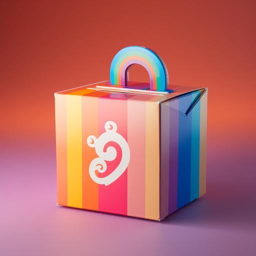 Product photography of a takeout box from a fast food restaurant with a logo on it including a question mark. Logo branding should be 1950's diner meets rainbow disco meets futuristic