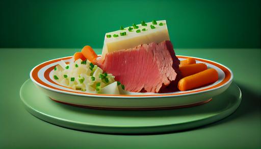 Product photography, shot at a horizontal angle, plate of cooked seasonsed corned beef with cabbage and glazed carrot, hyper realistic, green background and light green counter where the plate sits, saint patricks day clovers as decoration --ar 16:9 --upbeta --v 4