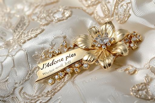 Professional Jewelry photograph, exquisite gold and diamond brooch, laser etched with the words 