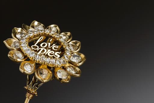 Professional Jewelry photograph, exquisitive gold and diamond brooche, laser etched with the words 