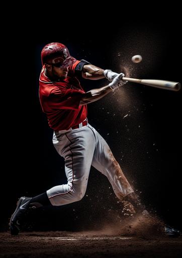 Professional photo of a baseball player batting the ball realistic, dark background, detail, hyperrealistic, real photography, fujifilm superia, full HD, taken on a Canon EOS R5 F1. 2 ISO100 35MM :: scene from a modern commercial --v 5.2 --ar 5:7 --style raw