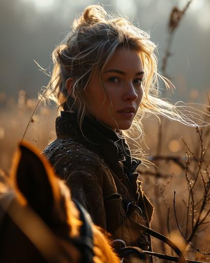 Professional photograph of a blonde woman in polo clothing riding a horse in the field, the wind ruffling her hair and the sun reflecting its shine on the blonde locks --ar 4:5 --v 6.0 --s 750