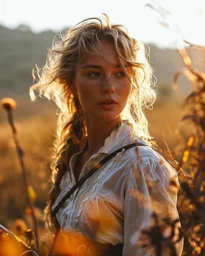 Professional photograph of a blonde woman in polo clothing riding a horse in the field, the wind ruffling her hair and the sun reflecting its shine on the blonde locks --ar 4:5 --v 6.0 --s 750