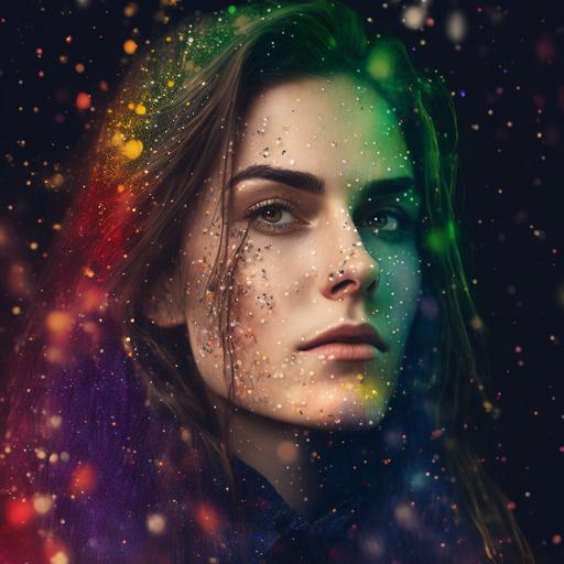 Professional photography of an androgynous-looking person with long straight brown hair, small makeup and mascara, green eyes, galaxy and stars in double exposure, fireflies, chromatic aberration, low depth of field, rainbow colors, sparks, light background, dramatic lighting --v 4