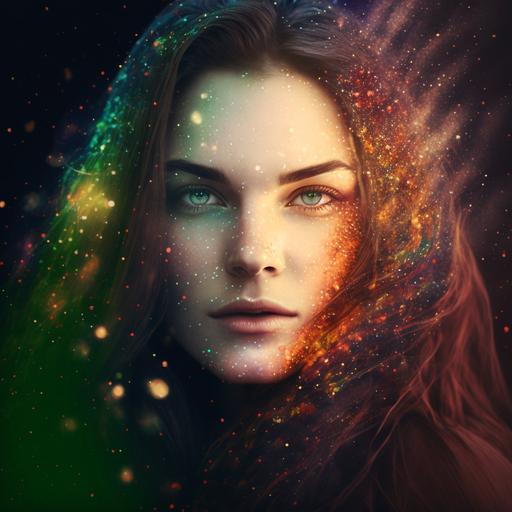 Professional photography of an androgynous-looking person with long straight brown hair, small makeup and mascara, green eyes, galaxy and stars in double exposure, fireflies, chromatic aberration, low depth of field, rainbow colors, sparks, light background, dramatic lighting --v 4