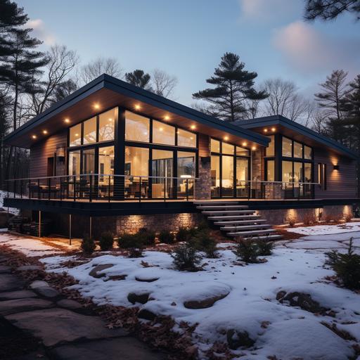 Professional photoshoot architecture, eye level camera angle. I see a single family cabin house in a private property in a forest. It is a 1 level building without second floor. House is in a modern barnhouse architecture style. I see dark wood fence and a view to the forest in snow in an open snowy field. I can see the backyard, wooden terrace. I see brown wood facade cladding vertically and black concrete shingle roof. I see large open sliding door and a kitchen with marble kitchen island with decorative pendant lamps turned on in a sunny winter daylight. --v 5.2 --s 250 --style raw