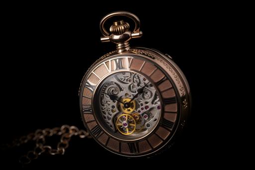 Professional product photograph of a stylish luxurious highly detailed and ornated steampunk pocket watch --v 5 --ar 3:2