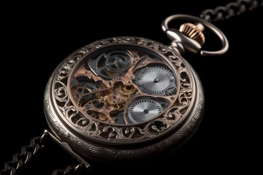 Professional product photograph of a stylish luxurious highly detailed and ornated steampunk pocket watch --v 5 --ar 3:2