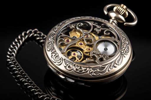 Professional product photograph of a stylish luxurious highly detailed and ornated steampunk pocket watch --v 5 --ar 3:2