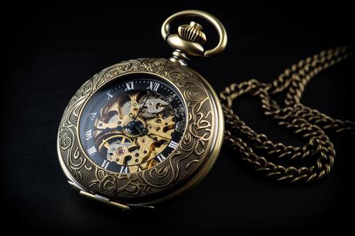 Professional product photograph of a stylish luxurious highly detailed and ornated steampunk pocket watch --v 5 --ar 3:2