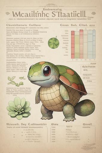 Professor Laventon's notes | by Origamint::0 Character reference for a Chibi Kawaii Turtle grass-type Pokémon::1.2 Double exposure collage of scientific Marginalia text and stat charts:: Watercolor illustration by Ken Sugimori, clean lines, cel shading, fantasy realism, 1800s manuscript, sharpen:: holding a book, holding a paper, holding a pen, fire, embers::-0.5 --ar 2:3 --v 4