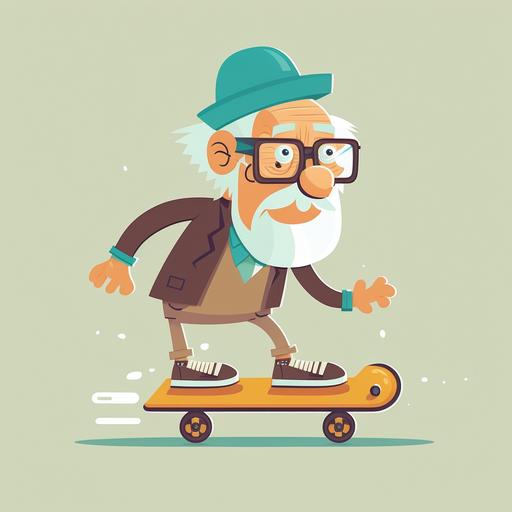 Professor on skateboard, cartoon, cute, flat drawing style.