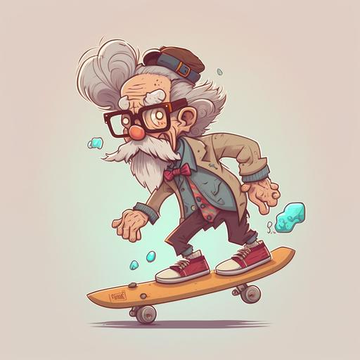 Professor on skateboard, cartoon, cute.