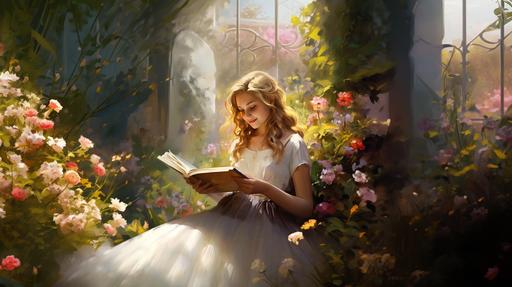 Profile of a girl hugging a book,smile,light,flower garden,fairy tale --ar 16:9