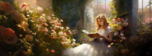 Profile of a girl hugging a book,smile,light,flower garden,fairy tale --ar 8:3