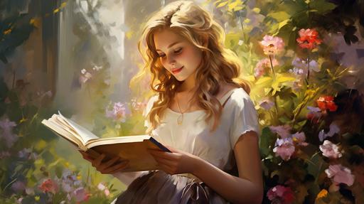 Profile of a girl hugging a book,smile,light,flower garden,fairy tale --ar 16:9