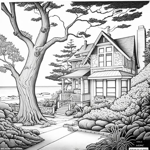 coloring page, 150 Forest Ave Pacific Grove CA, ocean background, cartoon style, thick lines, low detail, no shading-- ar 9:11