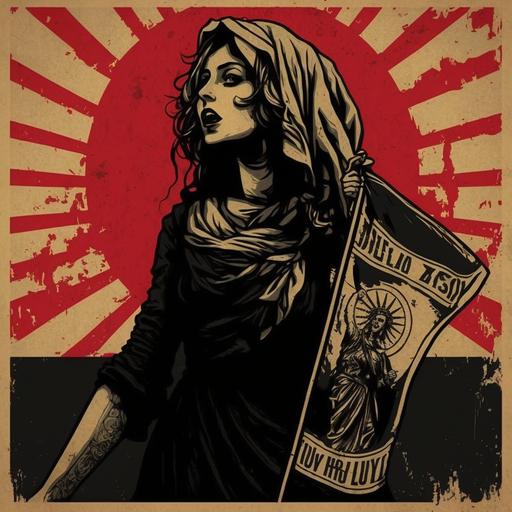 Propaganda poster of the Virgin Mary with an anarchist flag