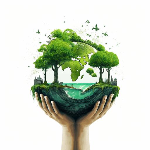 Protect the environment, Both hands, No characters, Green tone, White background, The picture is simple, Cartoon, Earth, Sprouting
