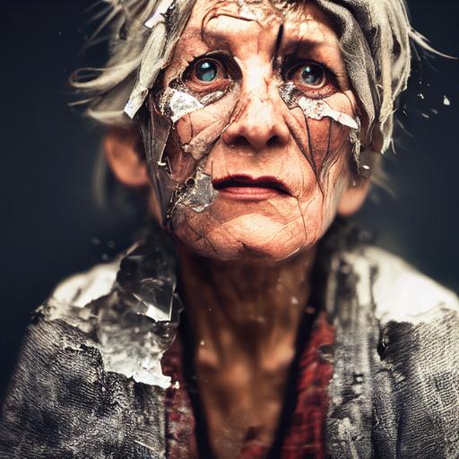 Proud looking old woman in rags, hair made of broken glass, up close, shattered, looking at you, ultra detailed clothing, hammer print on T-shirt, Cinematic, Photojournalism, Nikon D750, Super-Resolution, ultra high detail, unreal engine, photorealism, no text, octane render, volumetric lighting, cinematic, 8k --s 2500  --s 20000       --upbeta --testp --upbeta