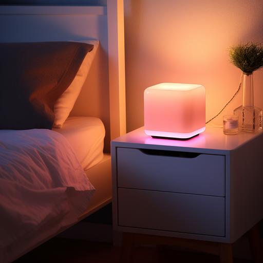 Provide an image of sleek cube speaker with slight rounded corners. It should be make out of a a matte rubber - pink in color sitting next to a bedside table in a modern bedroom. The lights are dim. It’s night time. And the speaker is lighting up very subtly. The speaker is 4x4x4 cube. The it bedside table that it sits on is black.