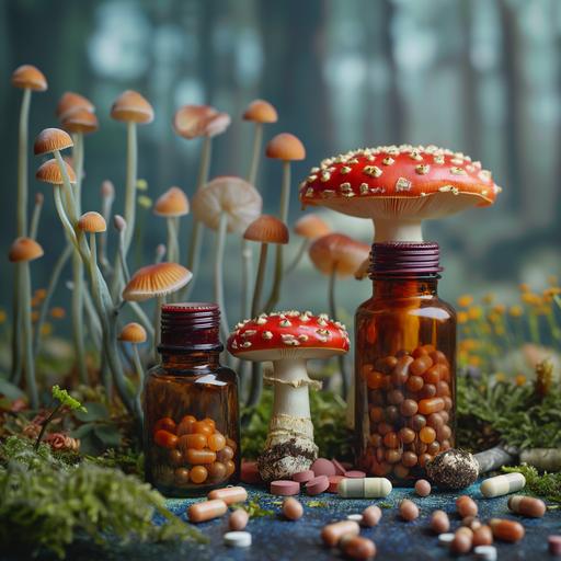Psilocebin health natural medicinal psychedelics pills showcase capsules in medicine bottles sale next to the bottle grows mushrooms from the ground --v 6.0