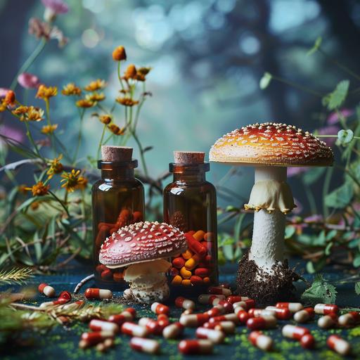Psilocebin health natural medicinal psychedelics pills showcase capsules in medicine bottles sale next to the bottle grows mushrooms from the ground