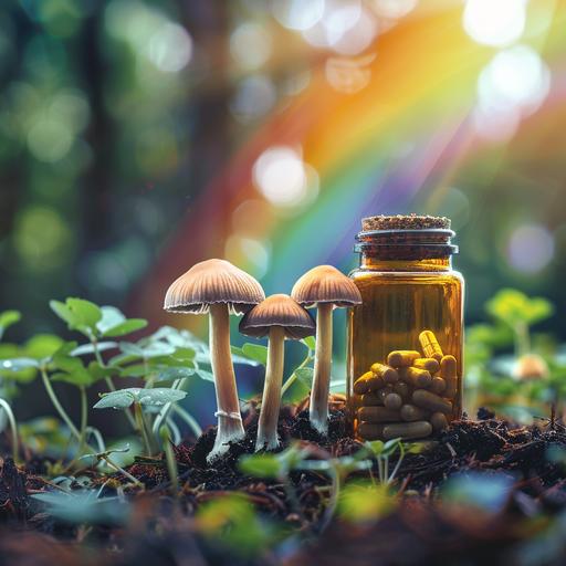 Psilocebin health natural medicinal psychedelics pills showcase capsules in medicine bottles sale next to the bottle grows mushrooms from the ground horizontal image Rainbow effect --v 6.0