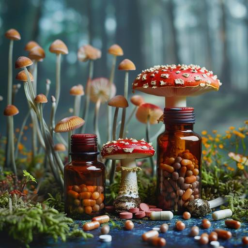 Psilocebin health natural medicinal psychedelics pills showcase capsules in medicine bottles sale next to the bottle grows mushrooms from the ground
