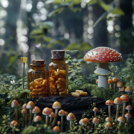Psilocebin health natural medicinal psychedelics pills showcase capsules in medicine bottles sale next to the bottle grows mushrooms from the ground horizontal image --v 6.0
