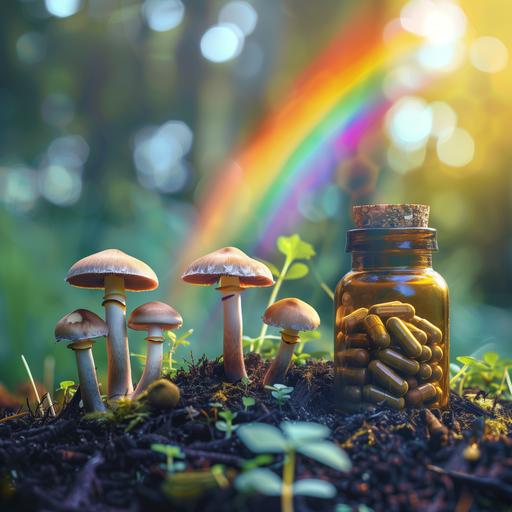 Psilocebin health natural medicinal psychedelics pills showcase capsules in medicine bottles sale next to the bottle grows mushrooms from the ground horizontal image Rainbow effect --v 6.0
