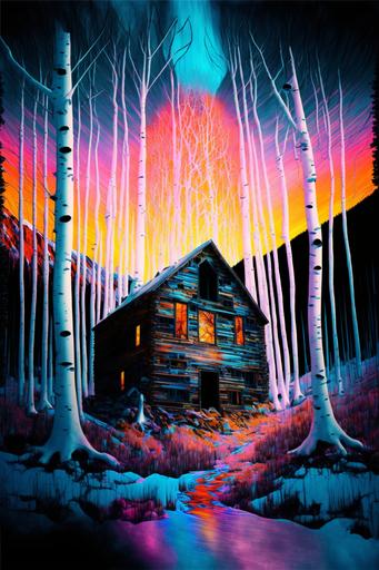 Psychedelic Melting Cabin in the Mountains   Aspen Trees   Winter   White Birch Trees   Natural Lighting :: --v 4 --ar 2:3