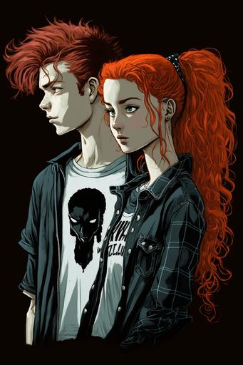 /imaginea curly red headed teenage boy looking at a cute goth teenage girl who looks back at him over her shoulder, ultra high-quality shading and reflections --s 800 --ar 2:3