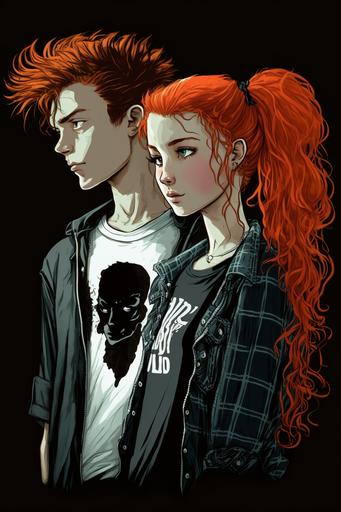 /imaginea curly red headed teenage boy looking at a cute goth teenage girl who looks back at him over her shoulder, ultra high-quality shading and reflections --s 800 --ar 2:3
